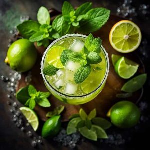 Verre de mojito sans alcool frais décoré de menthe et de citron vert